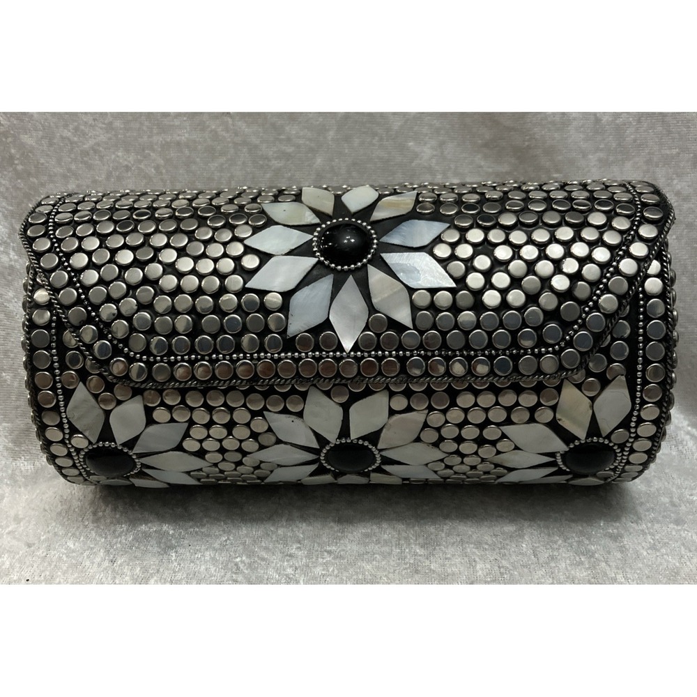 Antik Kraft Amoli Clutch Silver Mosaic Design Floral Mother-of-Pearl No Strap
